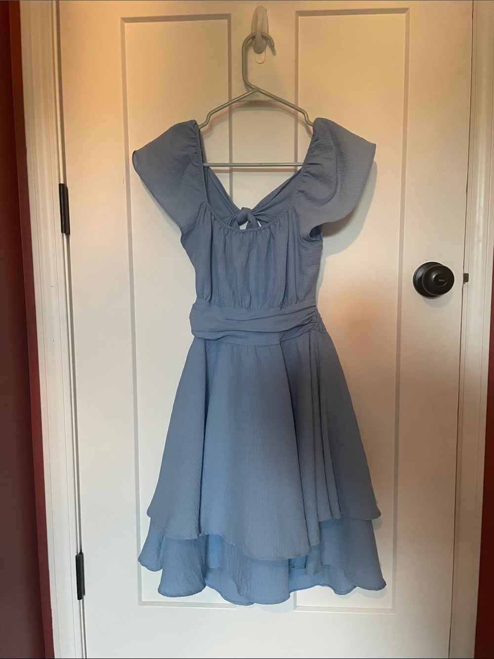 Girls Sky Blue Flutter-Sleeve Formal Dress with Waist Sash